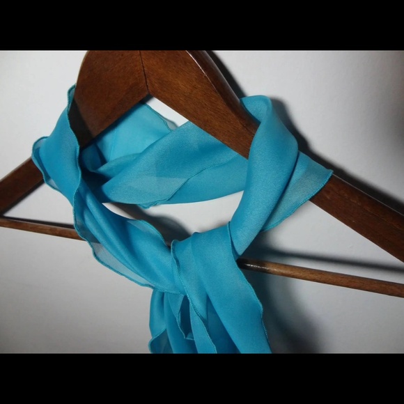 Vintage Women's Rectangular Blue Sheer Chiffon Polyester Hair or Neck Scarf - Picture 5 of 6